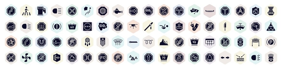 american indigenous filled icons set. glyph icons such as bend, fuel filling, malfunction indicador, winshield wiper, 60 degrees medium agitation, knife in sheath, explosive, indian headdress,