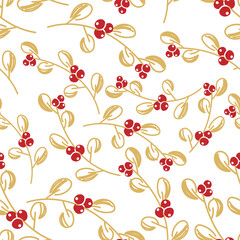 Vector. Merry Christmas, Happy New Year seamless pattern with mistletoe leaves, berries, holly branches. Seamless winter background. Design for wrapping paper, greeting cards, textiles, branding.