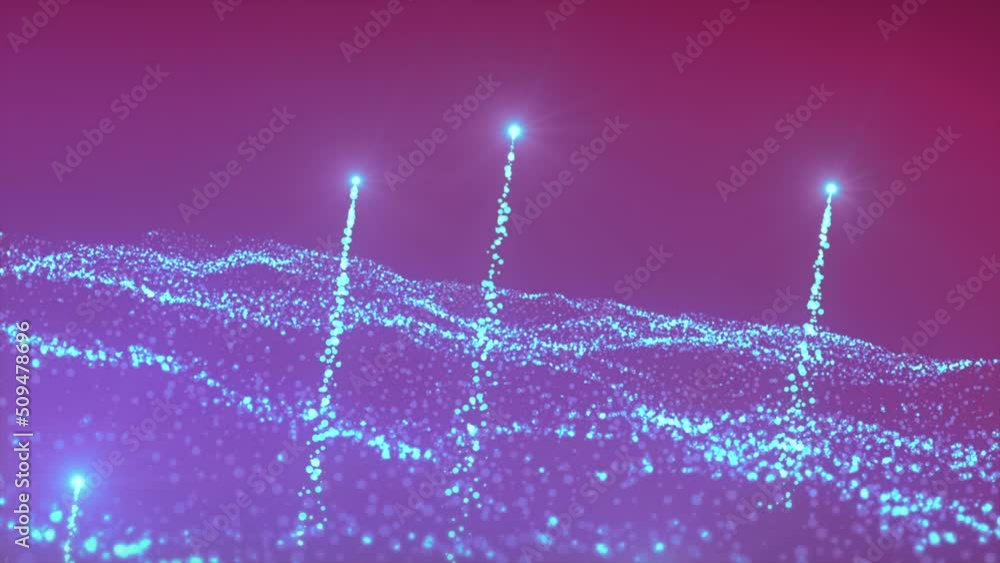 Poster glowing particles dynamic background, science fiction or microcosm. motion. wavy pattern of shining 
