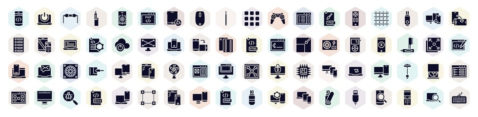 devices filled icons set. glyph icons such as mobile programming, resistance, magic mouse, psd file, descendant, os x, cooling fan, cd drive, php document icon.