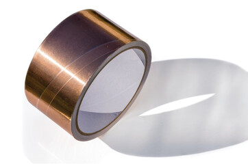 Close up view of copper tape roll for snail protection isolated on white background. 