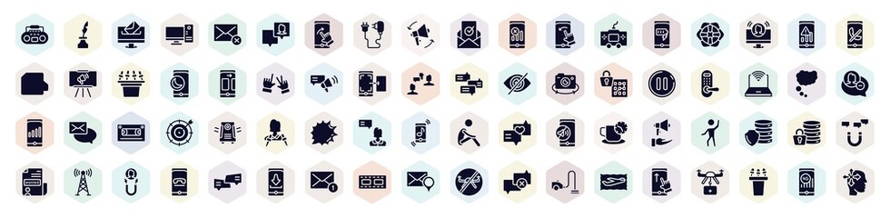 mobile functions filled icons set. glyph icons such as tape player, elections, phone charger, console, themes, door lock, shout, encrypt, addressee icon. - obrazy, fototapety, plakaty