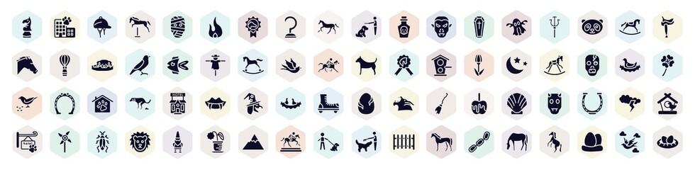 birds pack filled icons set. glyph icons such as horse head chess piece, hat for a jockey, hook, coffin, fish, horse rocker black, witch, cloud and lightnings, dog with owner icon.