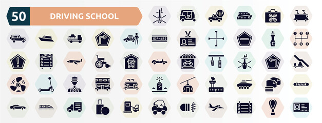 driving school filled icons set. glyph icons such as helicopter black shape top view, tramway, authorized dealer, insect repellent, wheel chair, military helicopter bottom view, ticket collector,