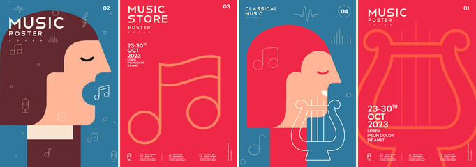 Music poster. Singer. Classical music. Harp. A set of vector illustrations. Minimalistic design. Cover, print, banner, flyer. © Molibdenis-Studio