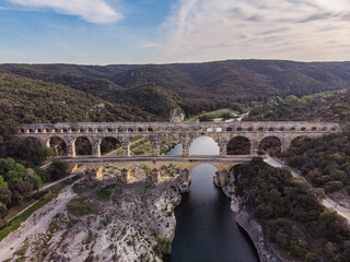 Drone Aerial Roman Aquaduct Pont du Gard ruins