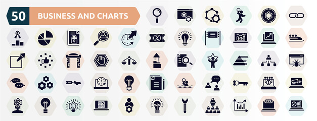 business and charts filled icons set. glyph icons such as magnifier tool, link, time out, trending, ad blocker, pyramid stats, aerial advertising, buzz, black lightbulb, key tool icon.