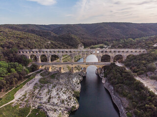 Drone Aerial Roman Aquaduct Pont du Gard ruins