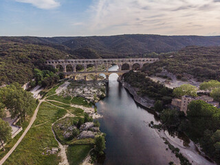 Drone Aerial Roman Aquaduct Pont du Gard ruins