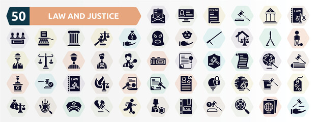 law and justice filled icons set. glyph icons such as crime letter, labour and social law, bribery, butterfly knife, advocate, scroll with law, constitutional intellectual property, evidence, book - obrazy, fototapety, plakaty