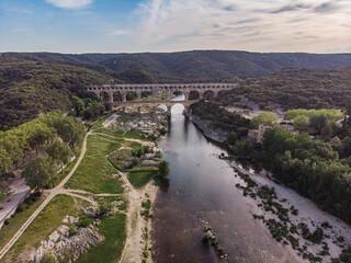 Drone Aerial Roman Aquaduct Pont du Gard ruins