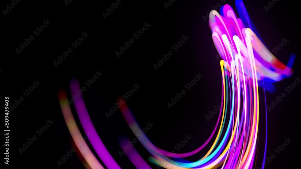 Poster motion graphics, sci-fi bg. stream of multicolor neon lines form spiral shape, curls and pattern. ab