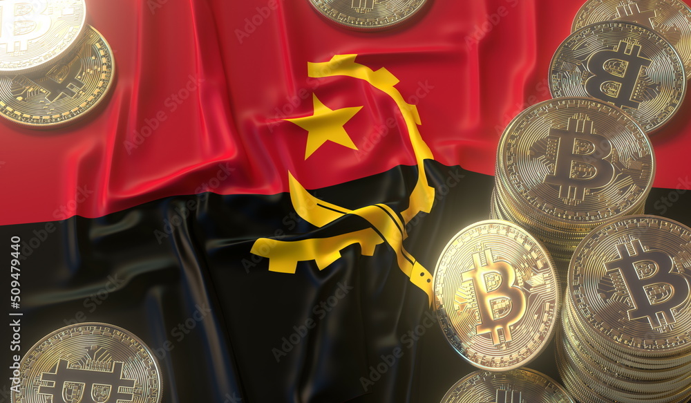 Poster flag of angola and bitcoin coins or tokens, cryptocurrency related 3d rendering