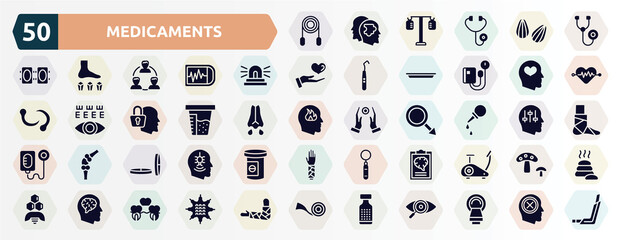 medicaments filled icons set. glyph icons such as jumping rope, phonendoscope, ambulance lights, mental health, urine test, pear enema, lozenge, mental checklist, neurology, homeopathy icon.