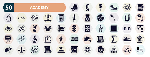 academy filled icons set. glyph icons such as medicines, degree, scientific calculator, magnetism, scholarship, drawing board, pregnancy, failed, libra, protons icon.