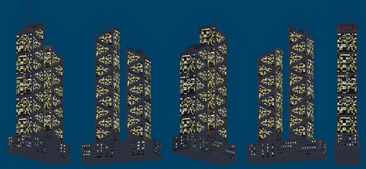 3d illustration of skyscrapers - diffferent fictional buildings at evening with lights on - isolated on dark blue, bottom view