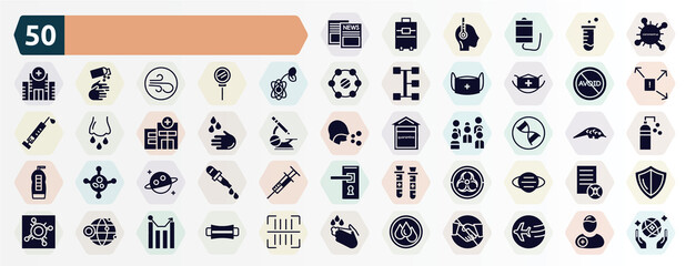 filled icons set. glyph icons such as news, coronavirus, biology, avoid, washing hand, dna, planet, outbreak, website, wet icon.