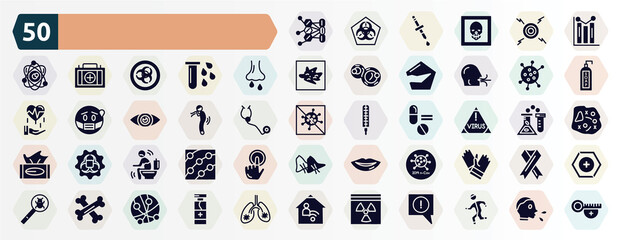 Fototapeta na wymiar filled icons set. glyph icons such as allergy, graph, rhinitis, flu, difficulty breathing, virus warning, diarrhea, 2019-ncov, bone, hazmat icon.
