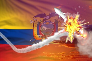 Ecuador intercepted nuclear warhead, modern antirocket destroys enemy missile concept, military industrial 3D illustration with flag