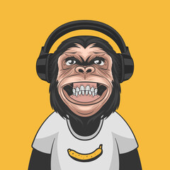 Vector Funny Smiling Chimpanzee Ape with Headphones and Banana on His T-shirt on Yellow Background. Happy Monkey for Wall Art, T-shirt Print, Poster. Cartoon Cute Chimp Monkey