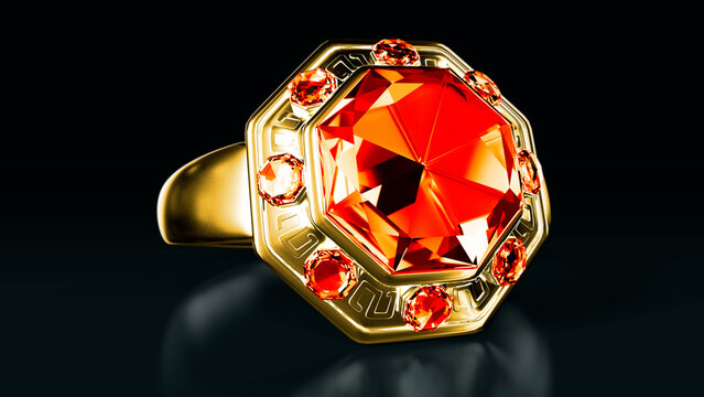 golden ring with red ruby jewels, isolated, fictional design - object 3D illustration