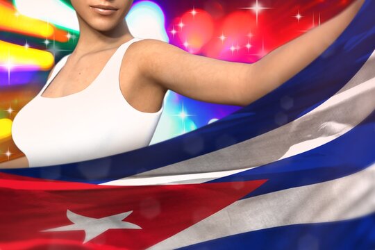 beautiful woman holds Cuba flag in front on the party lights - flag concept 3d illustration