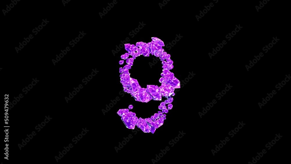 Poster purple gems number 9 with animated reflections on black, isolated - loop video