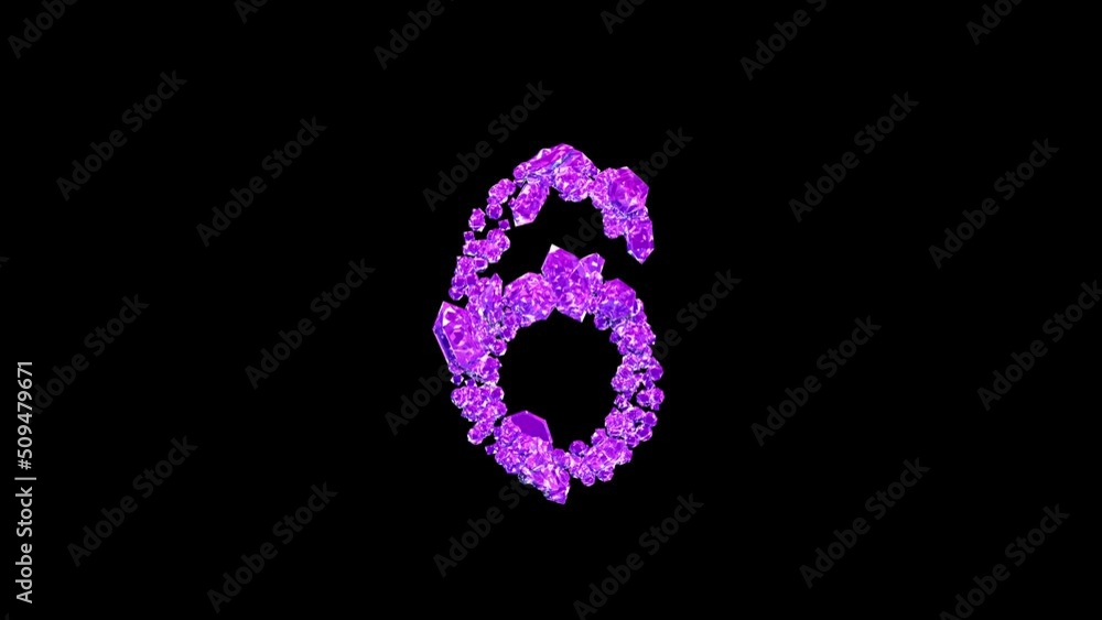Poster pink gemstones number 6 with animated reflections on black, isolated - loop video