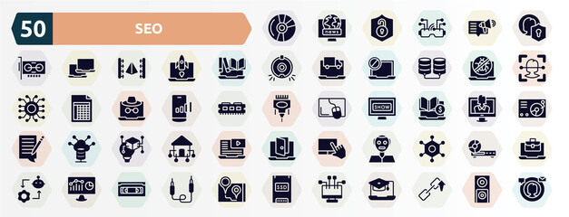 seo filled icons set. glyph icons such as blu ray, user protection, encyclopedia, no virus, mobile network, tuition, invention, humanoid, web analytics, streaming icon.