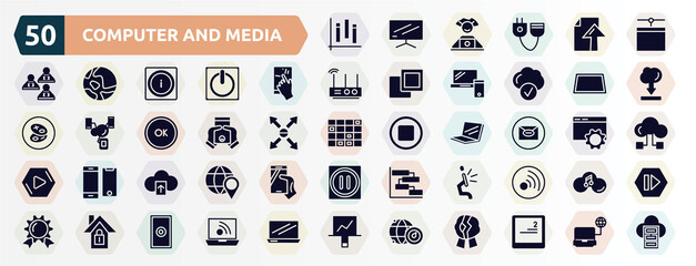computer and media filled icons set. glyph icons such as chart of columns, network administration, touch, perspective of tool, grip between hands, mail, cloud upload, screen flat side view, home
