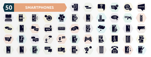 smartphones filled icons set. glyph icons such as cellphone sms, black chat bubble, phone with message, video game console ps4, error sending message, phone locked, chat bubble with ellipsis, phone
