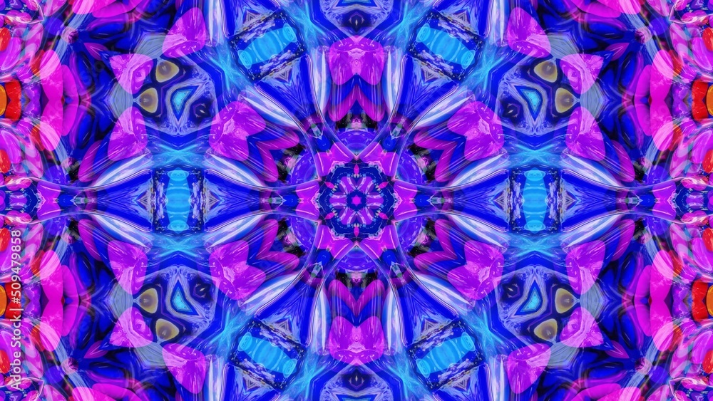 Poster star symmetry. kaleidoscope effect from wavy shiny liquid surface with distorted circles like drops 