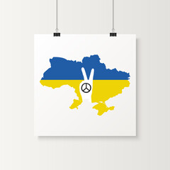 Save Ukraine. Peace Sign Hand Gesture with Ukranian Map and Flag. Symbol of Support Ukraine. No War. Vector Illustration. Slogan, Call for Peace in Ukraine. Stop War. Tshirt, Plackard Print