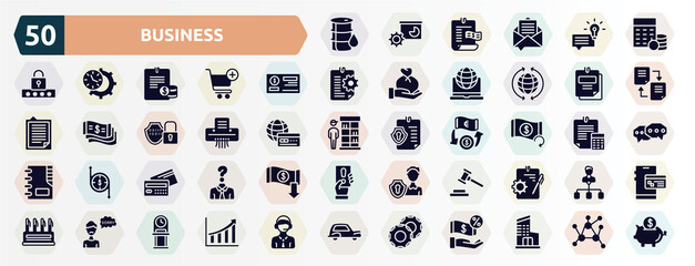 business filled icons set. glyph icons such as oil barrel, budgeting, cheque, taxes, paper shredder, refund, debit card, bid, apology, casino chip icon.
