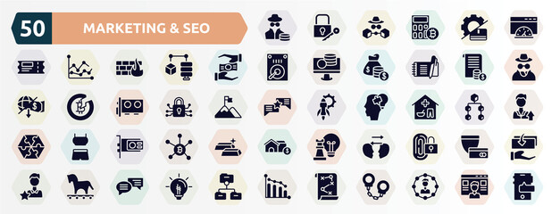 marketing & seo filled icons set. glyph icons such as anonymous, speed test, crowdfunding, statement, encrypted, basic needs, graphic card, empathy, trojan, business plan icon.