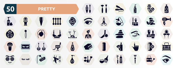 pretty filled icons set. glyph icons such as eyes mascara, ointment, beauty face mask, three stones, women brassiere, eye shadow makeup, two earrings, after shave, two eyelashes, hair dye kit icon.
