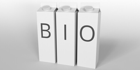 Paper boxes with BIO text. 3D rendering
