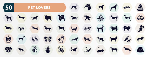 pet lovers filled icons set. glyph icons such as kurzhaar, cat playhouse, japanese chin, german shorthaired pointer, bernese mountain dog, shih tzu, dogs, collie, german sheperd, dog and man seating