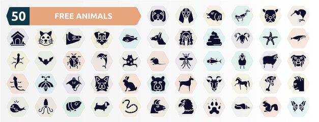 free animals filled icons set. glyph icons such as dog with chubby cheeks, kiwi eating, tropical fish, starfish with dots, jumping dolphin, sheep front view, stingray with long tail, goat head,