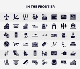 in the frontier filled icons set. glyph icons such as airliner, airport check in, ticket card, no drinks, luggage tag, receipt with dollar, qr code scan, exit, credit cards accepted icon.