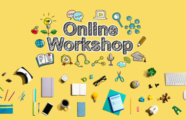 Online workshop with collection of electronic gadgets and office supplies