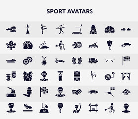 sport avatars filled icons set. glyph icons such as apex, javelin, m leaf, nobel prize, hockey pitch, armband, hockey player, football flag, padel icon.