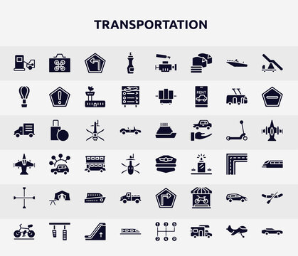 transportation filled icons set. glyph icons such as refilling, insect repellent, hot air, helicopter black shape top view, pilot hat, campsite, pickup car, station wagon, hyperloop icon.