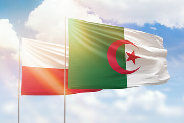 Sunny blue sky and flags of algeria and poland