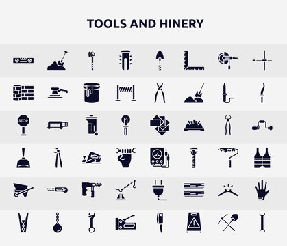 tools and hinery filled icons set. glyph icons such as balance ruler, dyupel, linoleum, dumpster, electric gauge, cutter facing left, davit, , big stapler icon.