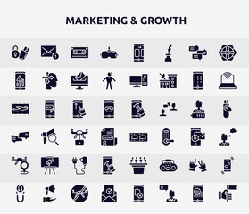 marketing & growth filled icons set. glyph icons such as locking, virtual reality glasses, low, swipe up, reel, projection, swipe right, , verified icon.