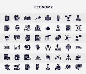 economy filled icons set. glyph icons such as explanation, limit, instruction, permission, advantage, instructions, pyramid chart, hierarchical structure, penalty icon.