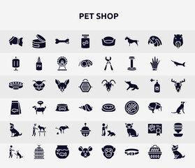 pet shop filled icons set. glyph icons such as pet dress, honey treat, sponge filter, fennec fox head, pet bed, dog and veterinarian, sleighbell, health certificate, mouse head icon.