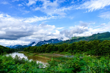 Landscape with mountains, forests along the Mekong river om Luang Prabang area, Laos, Asia