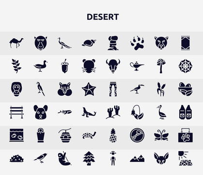 desert filled icons set. glyph icons such as dromedary, shell, herb, chipmunk, branches, sarcophagus, tortoise, butterflies, spruce icon.